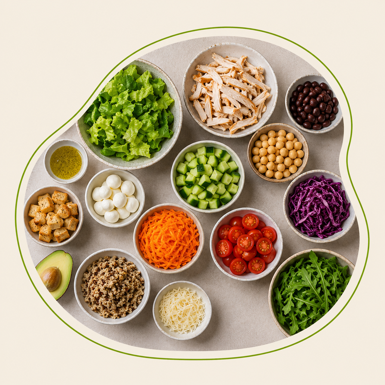 Ingredientes separados para montar saladas no pote